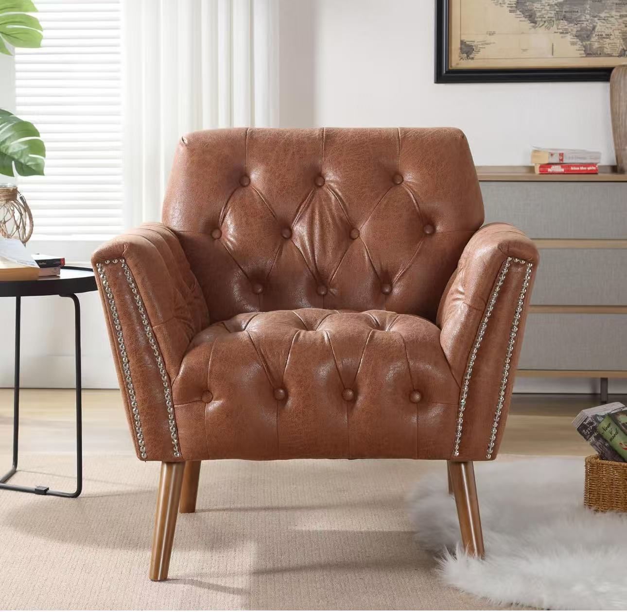 Accent Chair for Living Room, Mid Century Modern Suede Fabric Arm Chair, Upholstered Reading Chair with Wood Legs, Nailhead Trim Comfortable Sofa Chai