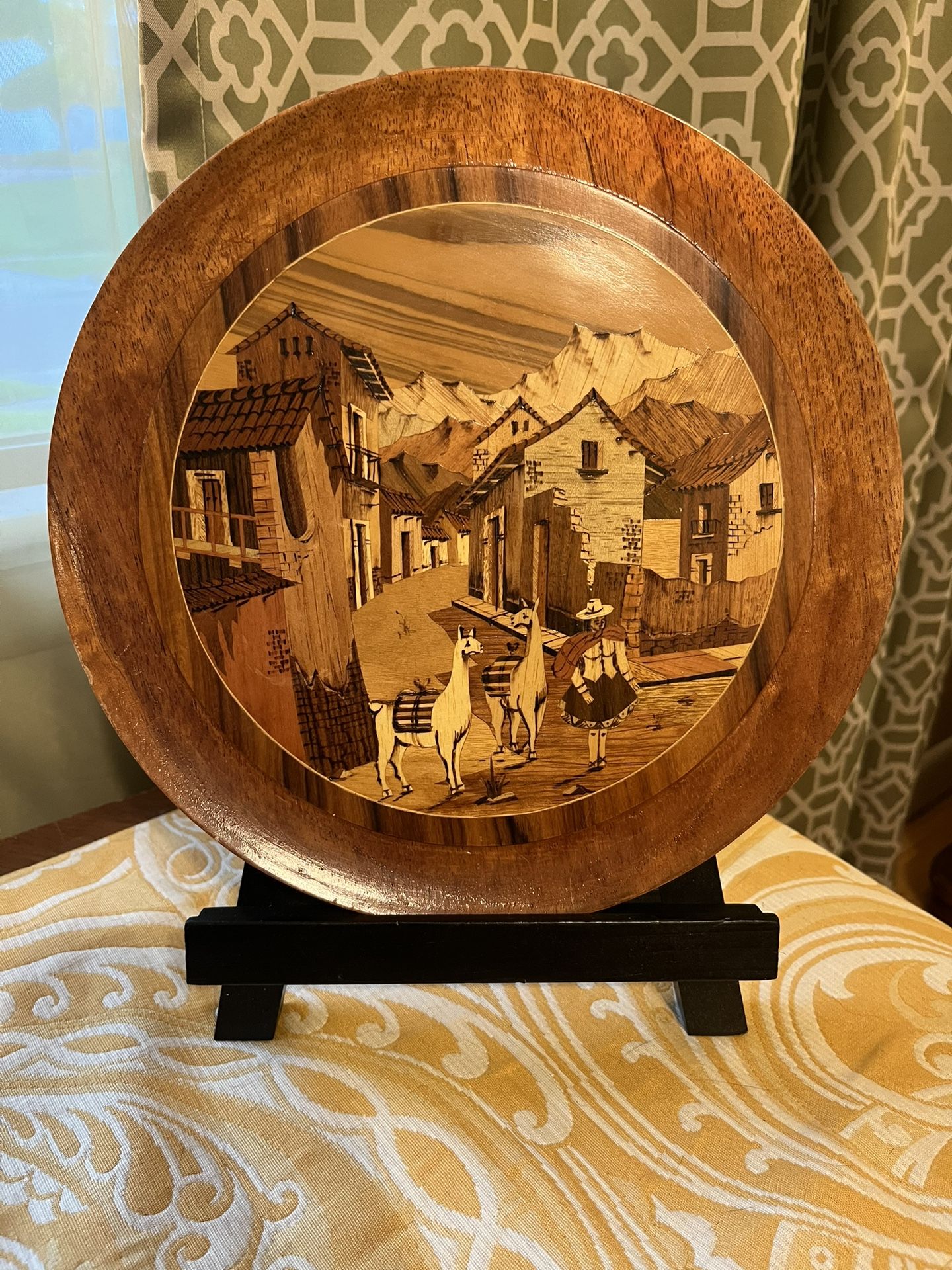Vintage Inlaid Marquetry Wood Village Town Scene Round Plaque