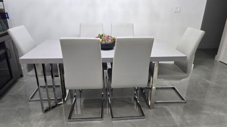 Modern White Dining Table with 6 Chairs