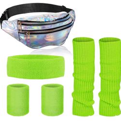 80s Neon Green Workout Accessories Set Leg Warmers Wristbands Headband + Holo Fanny Pack