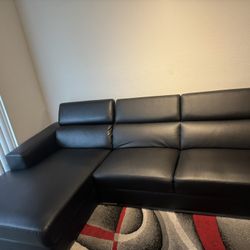 Black Leather Right Side Sectional Couch 