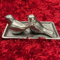 Vintage Martha Stewart Pewter Salt And Pepper Shakers With Decorative Tray
