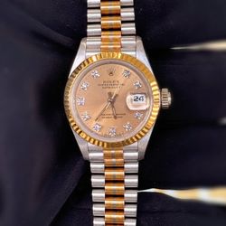 1995 Rolex Lady-Datejust 26mm 69179 Presidential Tridor 18k solid yellow & white & rose gold Factory Champagne Diamond Dial Box & Appraisal Papers