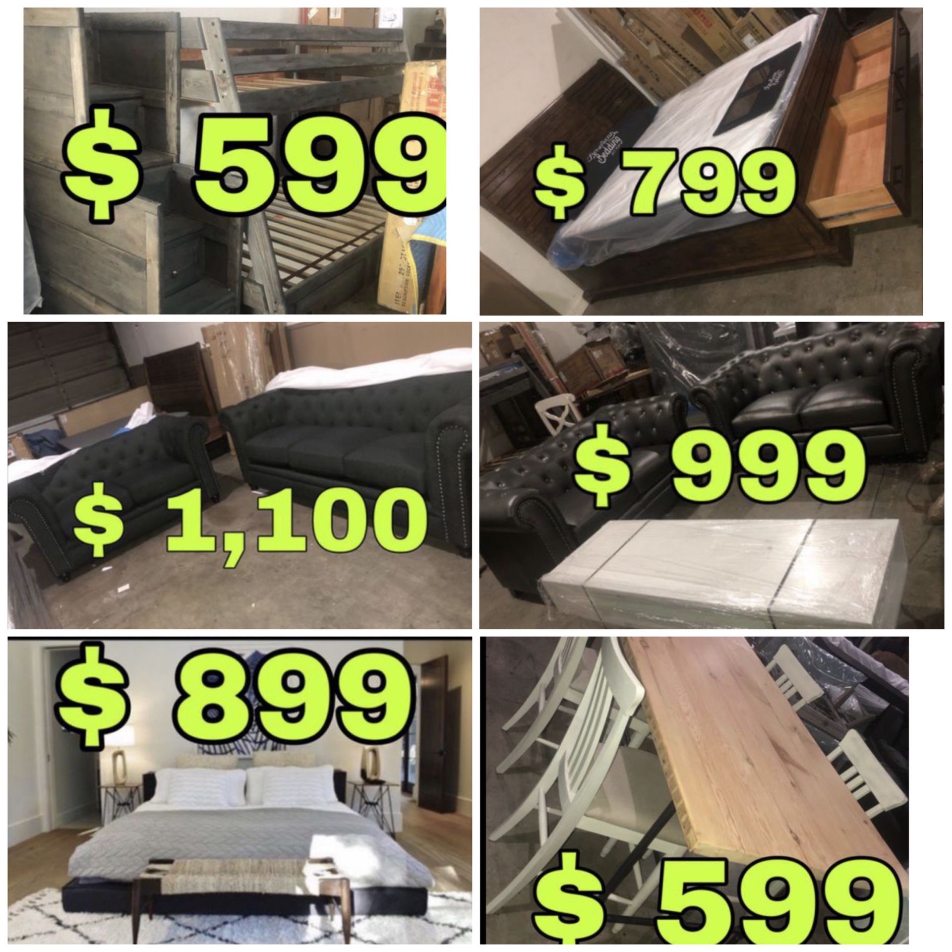 Beautiful new furniture!!! Dining table sets, king bed frames with mattresses, sofa sets, bunk beds + more!!! Only 50$ down