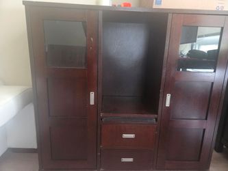 Espresso Buffet Sideboard - Dining Storage Cabinet with Glass Doors + 2 Drawers