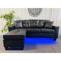 Velvet Reversible Sectional Sofa Chaise with LED Light,USB Port,Nailhead Trim,Throw Pillows,Tufted Cushion