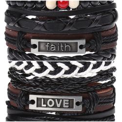 2 x Set Adjust. Size up to 9.5inc Leather Bracelet, (Faith-Love)