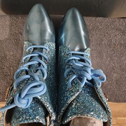 Ladies 7.5 Blue Glitter Lace Up Ankle Boots with Clear Low Heel - New