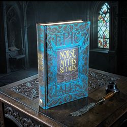 2018 Norse Myths & Tales Epic Tales Gothic Fantasy Series Deluxe Hardcover Book. This image is a photo of the "Norse Myths & Tales: Epic Tales" hardco