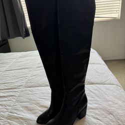 Over the Knee Boots Side Zip Faux Leather Heeled, Black, 7.5