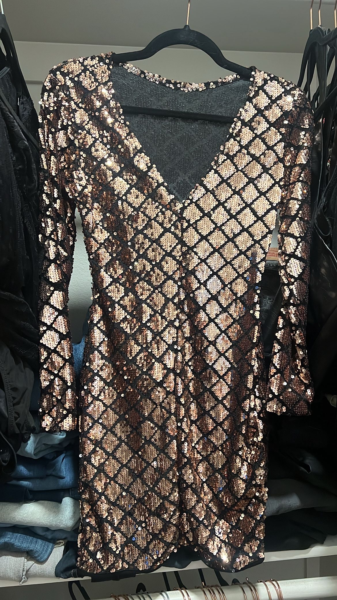 Gold Black Sequin Mini Cocktail Long Sleeve Dress - Size Small