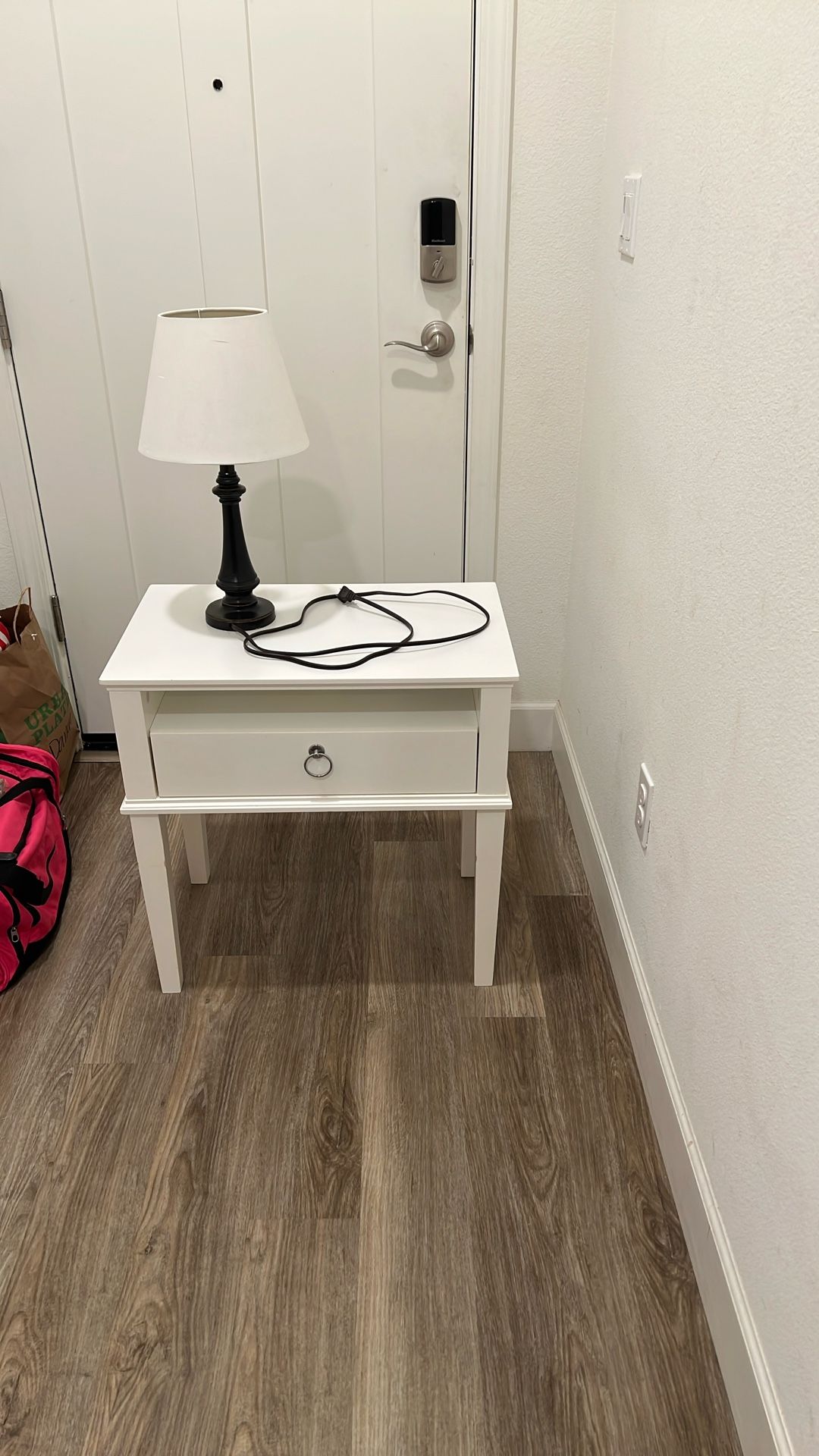 White Bedside Table & Lamp