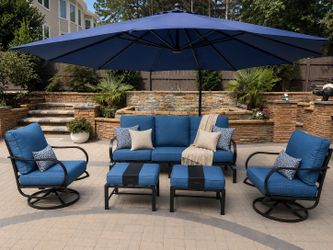 Brand new peacock blue 5 Pieces Patio Conversation Sets, Outdoor Metal Furniture Sofas with 1 x 3-Seat Sofa, 2 x Swivel Chairs,2 x Ottoman, Wrought Ir