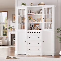 72" Tall Kitchen Storage Cabinets with Doors and Open Shelves, 58" Wider Kitchen Hutch w/Wine Drawer, Large Modern Pantry Cabinet with Countertop, Cof