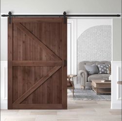ROYMELO 54x84 Inch Sliding Barn Wood Door Slab With 9ft Hardware Kit And Handle, Coffee, K Shape, Simple DIY Assembly #2812//101-296