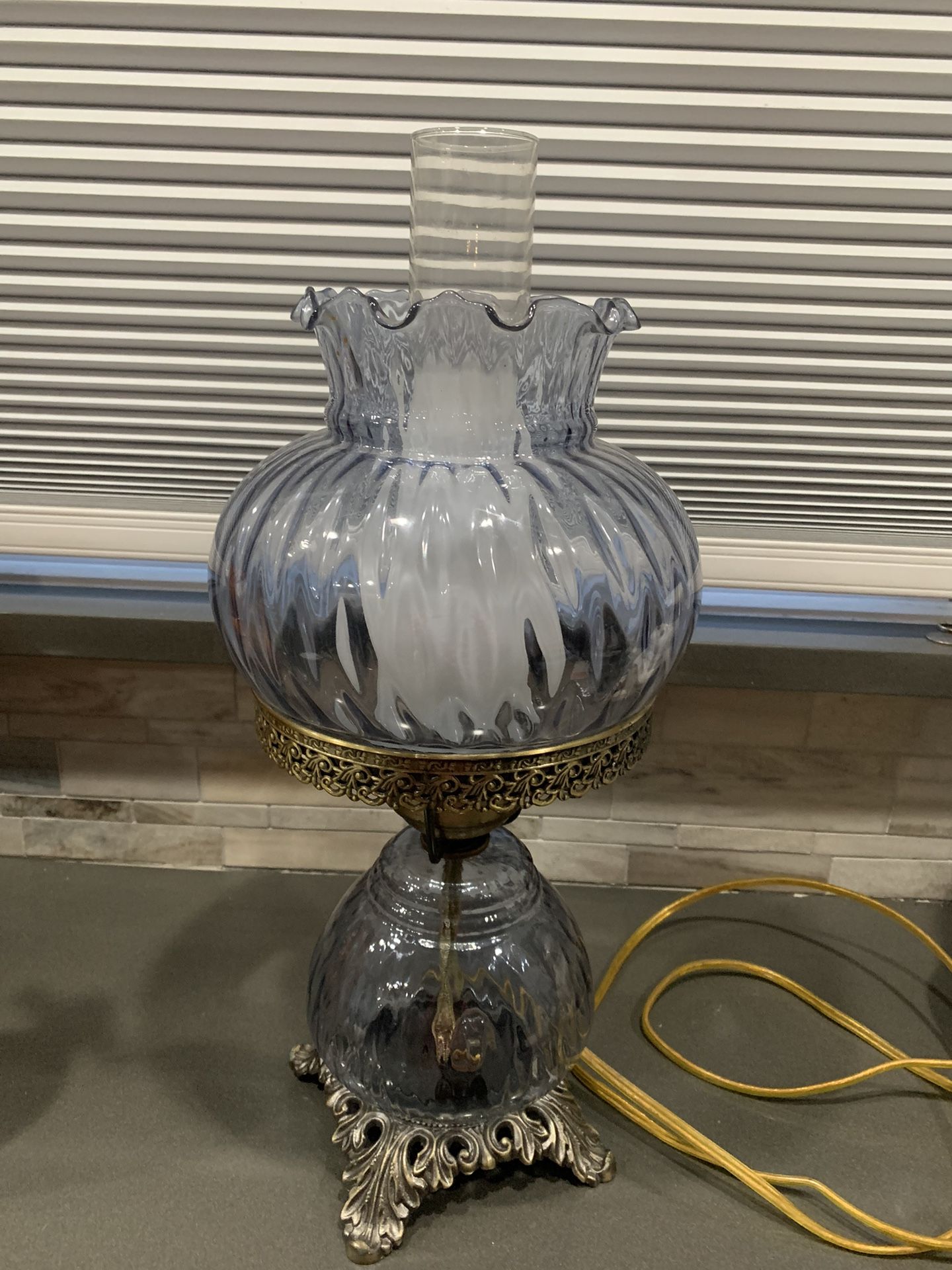 Light Blue Hurricane Lamp. 2 Way Switch.