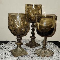X3 VINTAGE SMOKEY AMBER GLASS PEDESTAL BRASS METAL HANDLE VOTIVE CANDLE HOLDER ACCENT TABLE DECOR CUP MUG CHALICE WINE GLASSES