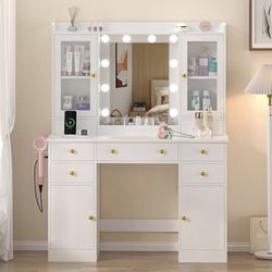 White Modern Vanity Table with Mirror, LED Lights, 7 Drawers, Shelves, 42.91"
