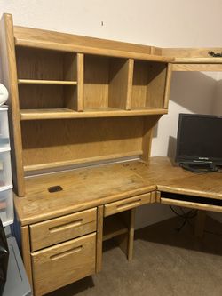 HUGE 3 Piece Oak Wooden Desk 