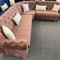 New Velvet Pink Velvet Living Room Sectional Sleeper - Delivery And Financing Available 
