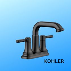 New, Kohler Ealing Matte Black,2-Handle, 4-inch Centerset WaterSense Mid-Arc Bathroom Sink Faucet with Drain, K-R33043-4D-BL