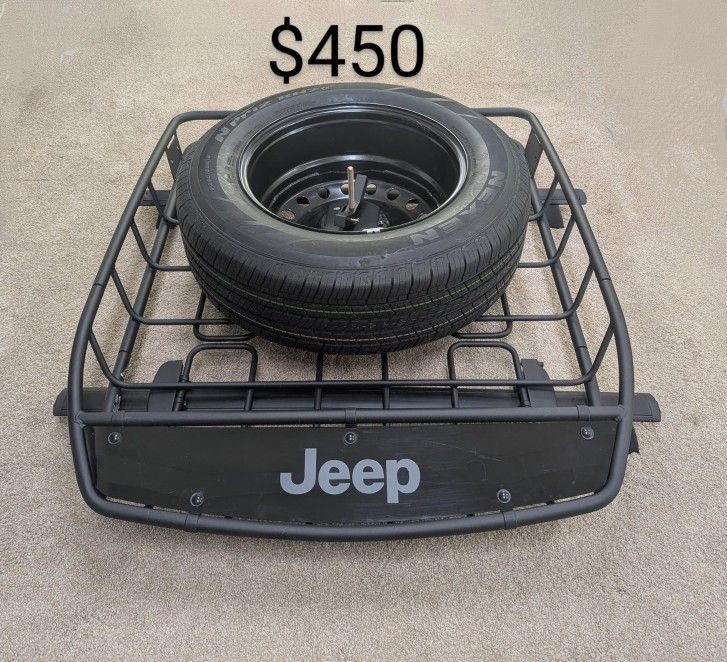 LIKE NEW! Jeep OEM Rooftop Basket with Crossbars & Spare Tire Mount