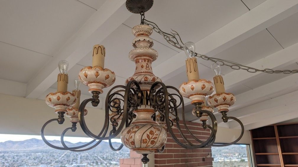 Vintage Chandelier Capodimonte Hanging Brass and Ceramic Ceiling Light Fixture Ranch Country Lighting