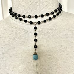 Long Black Beaded Necklace With Turquoise Bead 