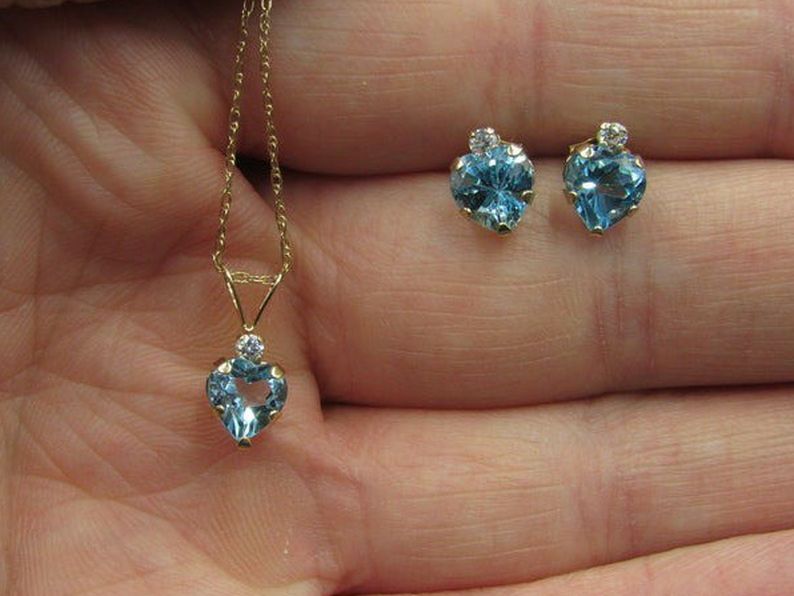18" 10K Gold Blue Topaz And CZ Diamond Necklace & Earrings Heart Set Vintage Estate Wedding Engagement Anniversary Gift Beautiful Unique