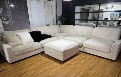 New 6 Piece Corduroy Sectional. Beige / Grey. 127”x127”. Free Delivery!
