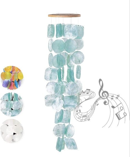 Brand New Wind Chimes for Outside - Unique Aqua Sea Glass Capiz Shells Windchime for Outdoors. 26 Inch Garden Decor Makes A Great Gift for Christmas.