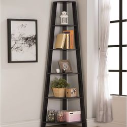 NEW IN BOX RAAMZO Cappuccino Finish Wood Wall Corner 5-Tier Bookshelf Bookcase Accent Etagere