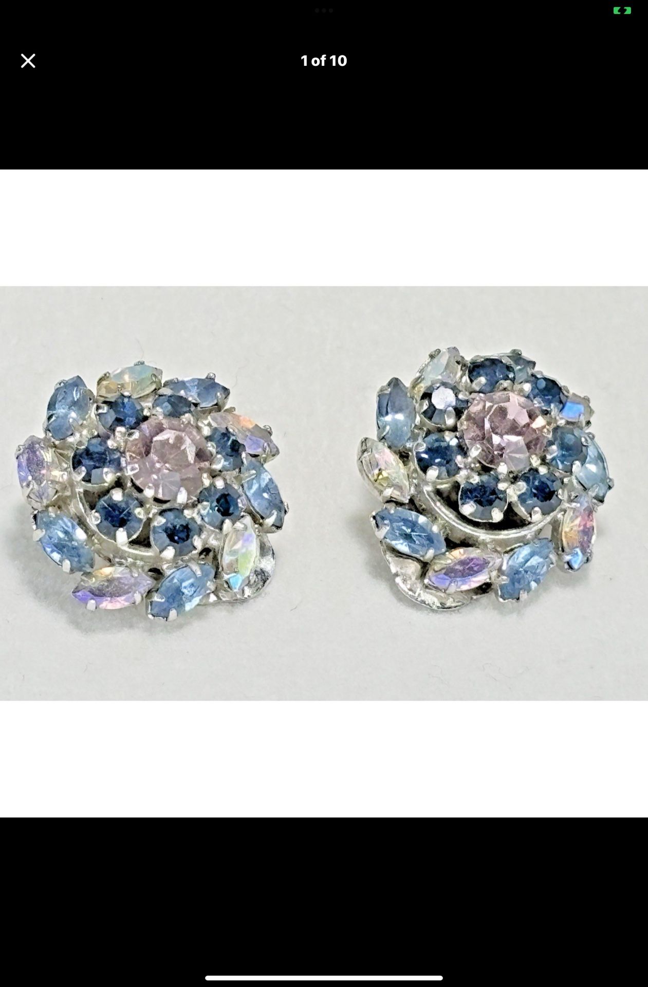 Vtg Blue Austria Crystal Aurora Borealis Prong Set Clip On Earrings Silver-tone