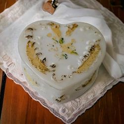 Antique Victorian Dithridge EAPG heart shaped white milk glass dresser jar trinket box. 