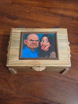Wooden Jewelry Box with Removable Tray and Caricature Portrait Lid - Used