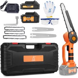 Electric Mini Chainsaw Cordless 8 Inch 6 Inch 2-in-1 Battery Powered Handheld Chainsaw with Brushless Motor，2pc 21v Battery（4.0AH+2.5AH) for Trimming 