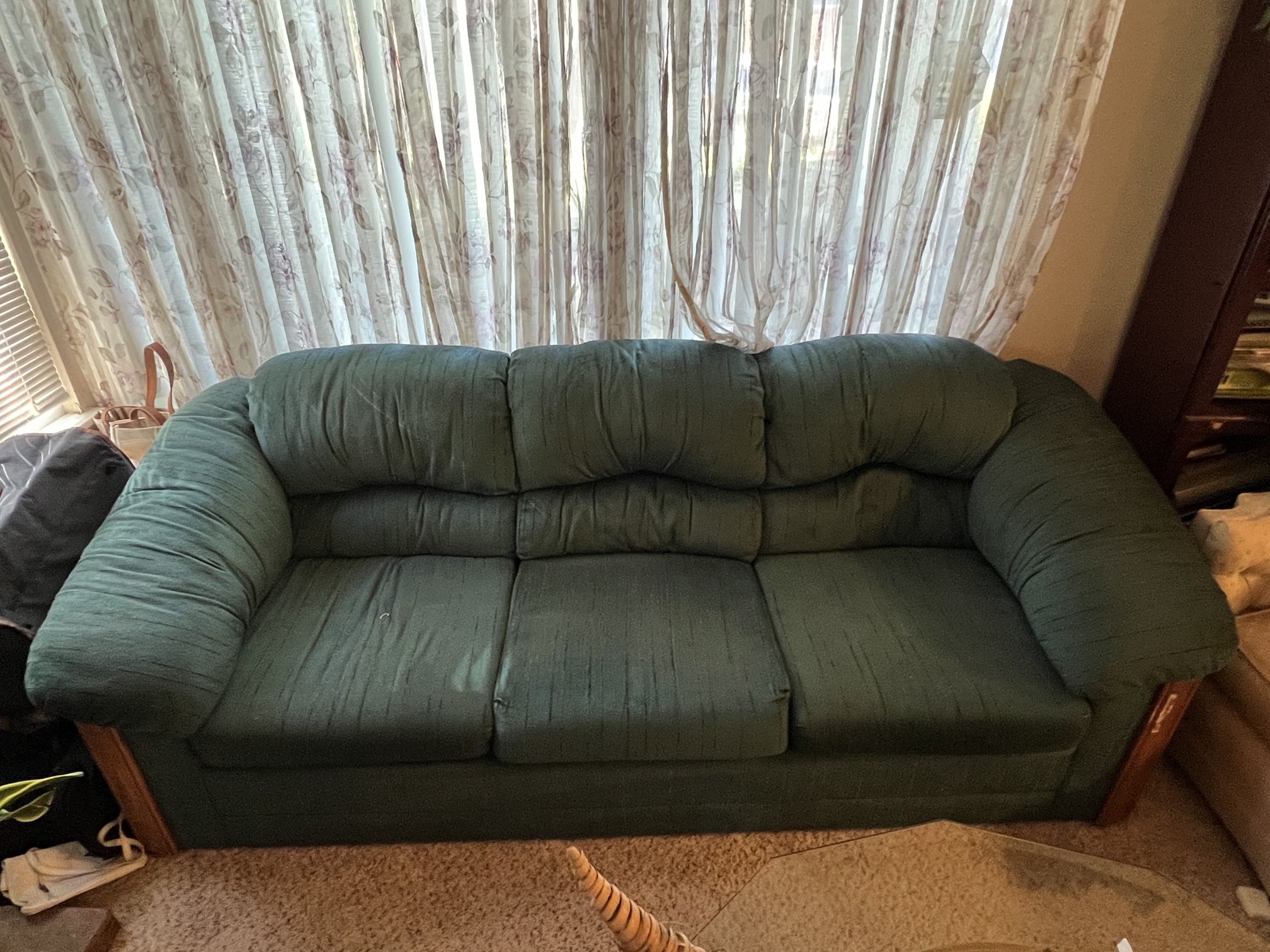 Vintage Green Sofa with Wood Accents Comfortable and Sturdy