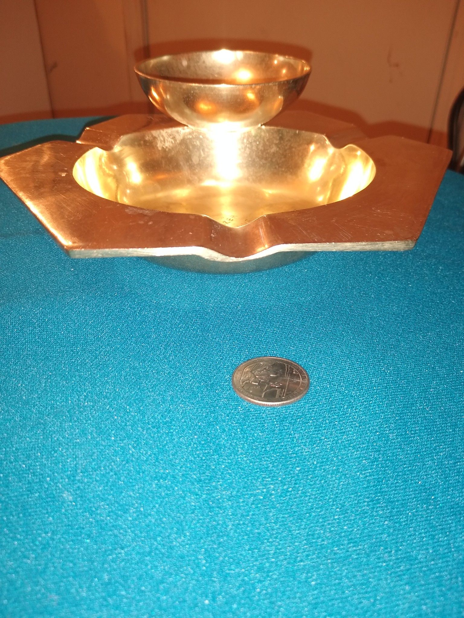 Vintage solid brass ashtrays candle holder change can etc 1950s YMCA wives Club