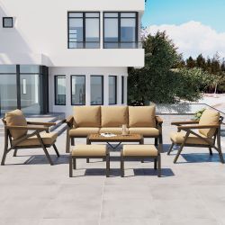 6-Piece Outdoor Patio Furniture Set, Steel Frame Sofa Set with 3-Seat Couch, 2 Armchairs, 2 Ottomans & Acacia Wood Coffee Table, Cushioned Seating for