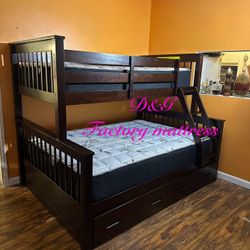 Twin / Full Bunk Bed Espresso With Drawers  81"W x 58"D x 65"H  Matte Included    Litera Full Twin Con Cajones. Color Cafe Expresso Colchones Incluido
