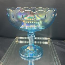Vintage Indiana Glass Teardrop Garland Blue Iridescent Pedestal Compote Bowl