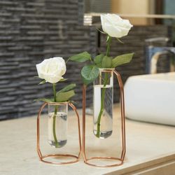 Brand New Set of 2 Rose Gold Metal/Glass Flower Vases (still sealed in box !)