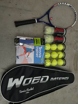 Tennis stuff one tennis racket 5 tennis balls bottles one tennis trainer with string balls one grip tape