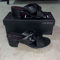 Lane Bryant Women’s Chain Cross Front Block Heels Shoes / Sandals, Size 7W