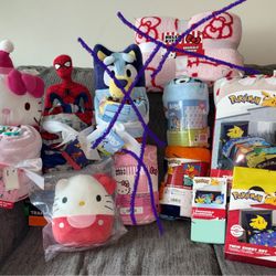 Brand New Kids blankets, plushies, and squishmallow dolls-Hello Kitty, Spider-Man, Pokémon, & Bluey!