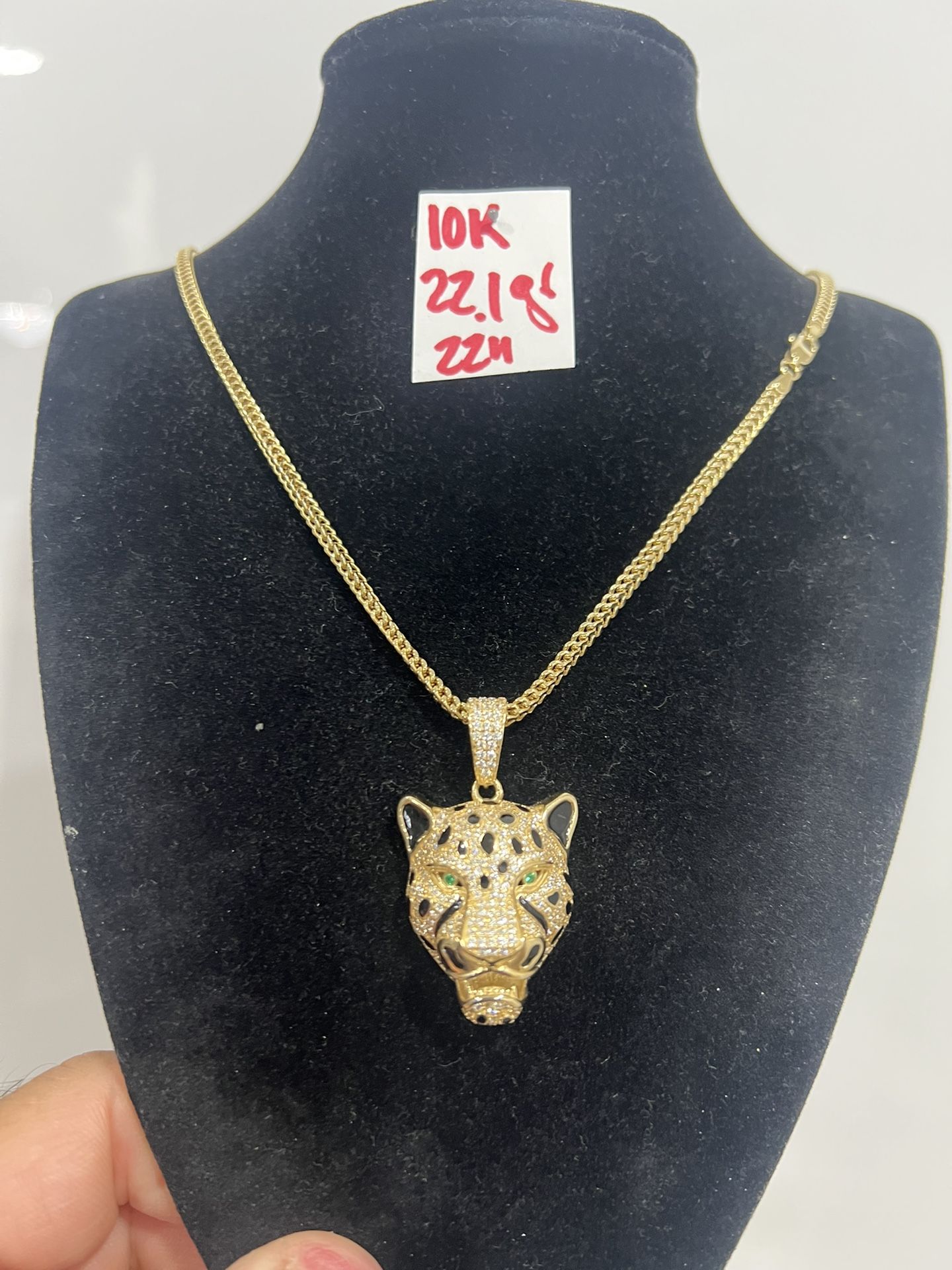 For Wedding 10K Yellow Gold Franco Chain and Pendant CUBIC ZIRCONIUM STONES 20.2Gr 23 Inches Long