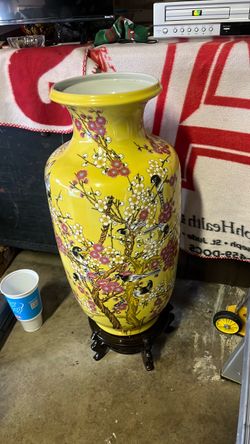 Large Yellow Ceramic Vase with Birds and Blossoms