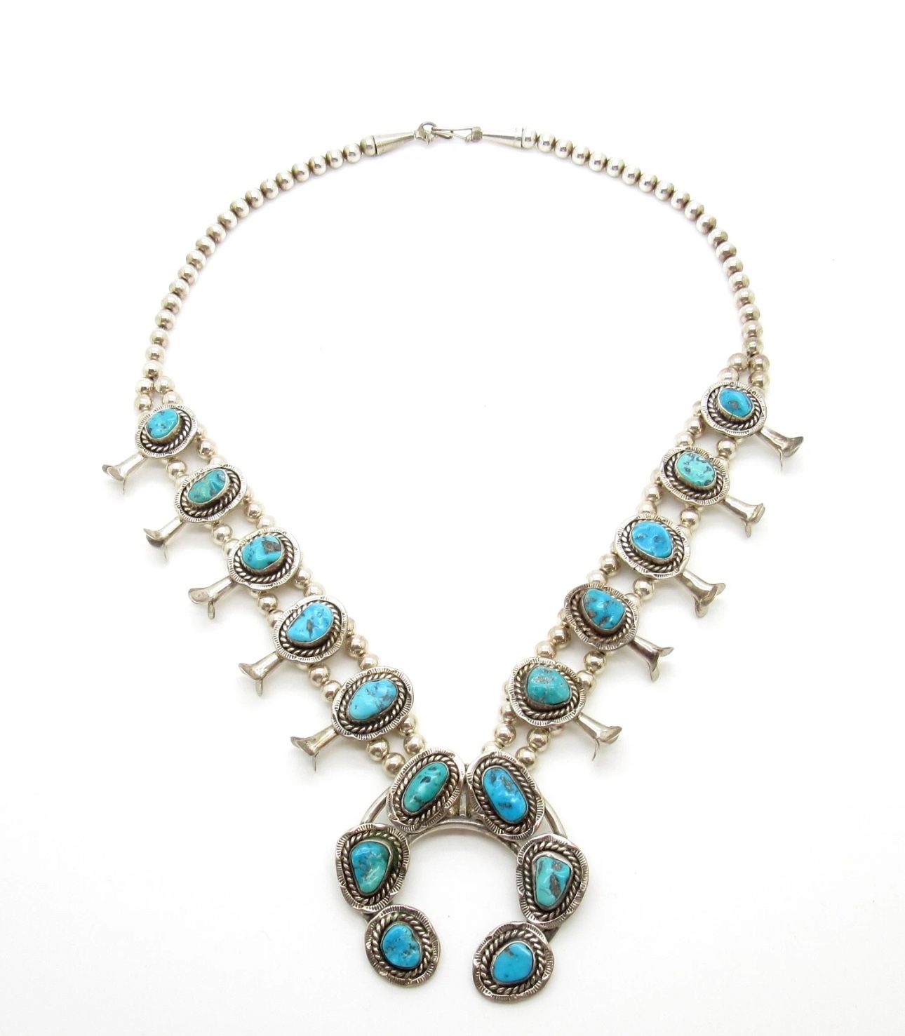 Vintage Navajo Sterling Silver Turquoise Squash Blossom Necklace