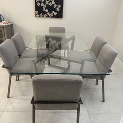 7 peice dining set light grey/steel/glass