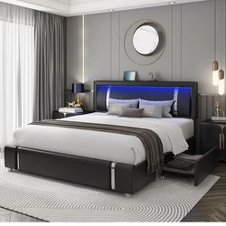 King Size Bed Frame With LED Lights On Headboard